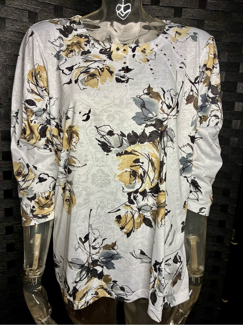 Alfred Dunner Cream Floral 3/4 Sleeve Blouse with Yellow Accents